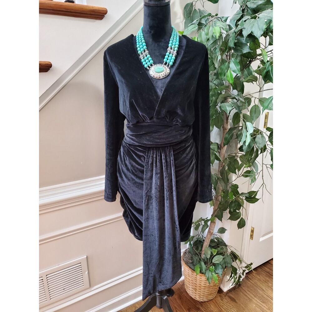 In The Style Women Black Polyester V-Neck Long Sleeve Knee Length Dress Size L